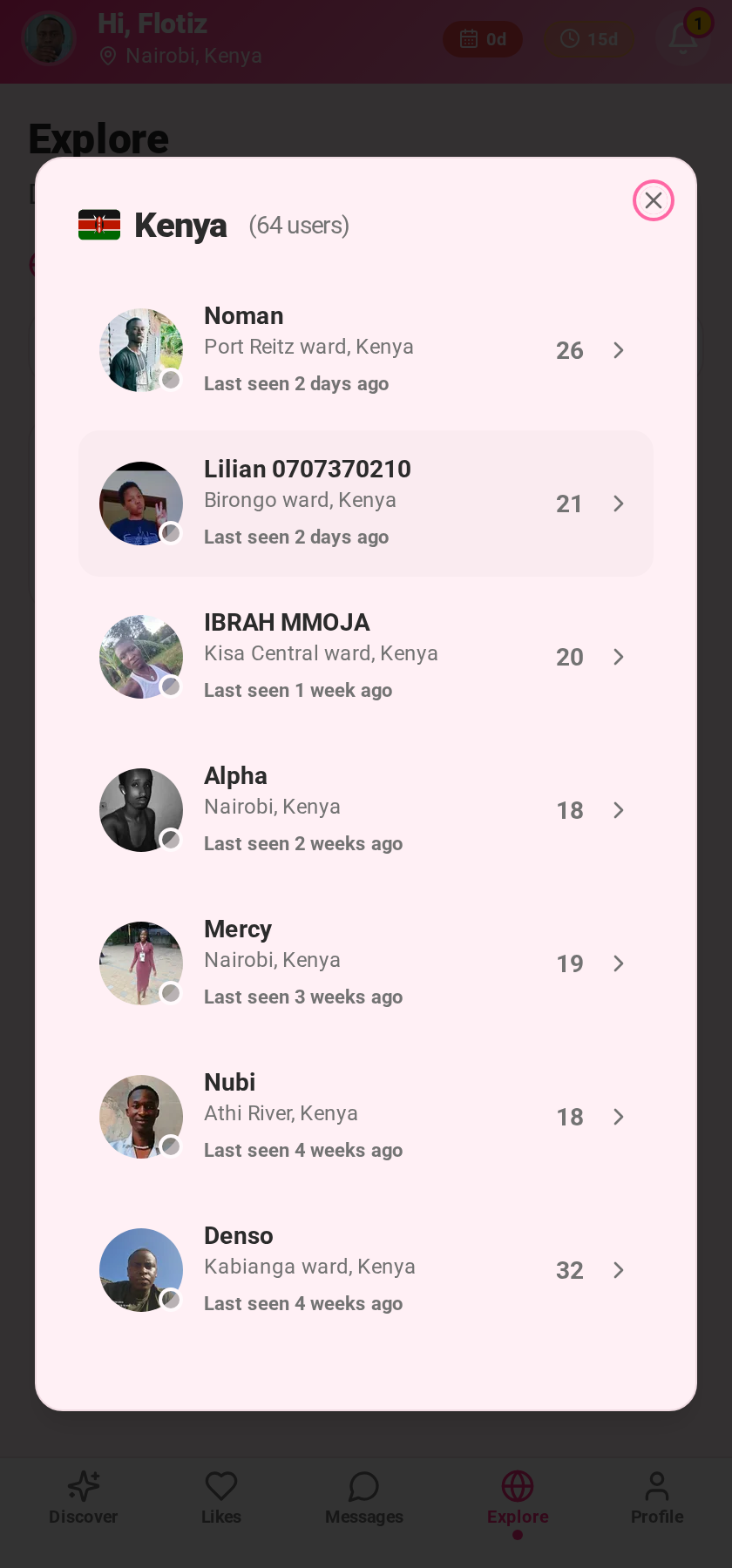 Real LoveMe members listed in the Explore section for Kenya