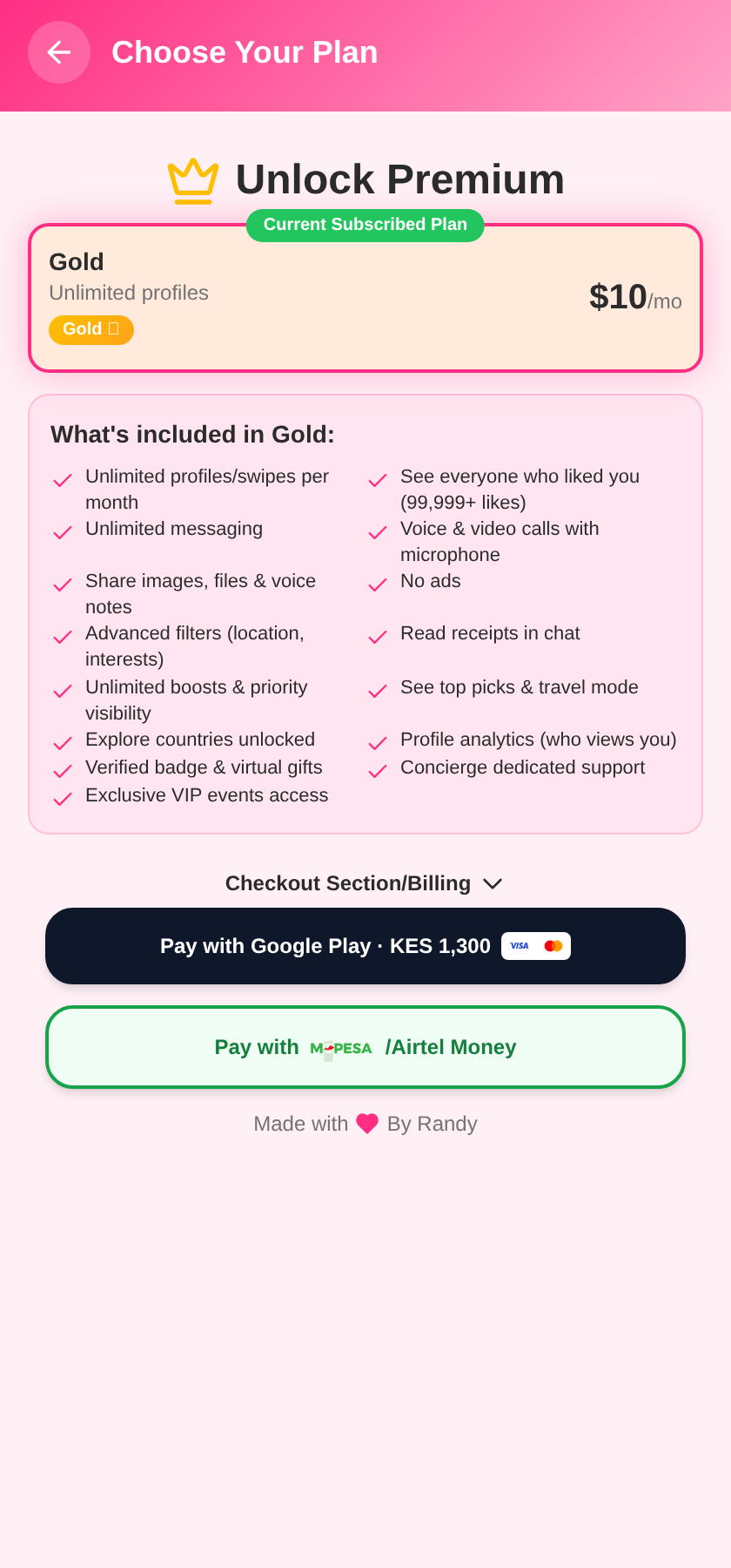 Premium Membership screen in the LoveMe app