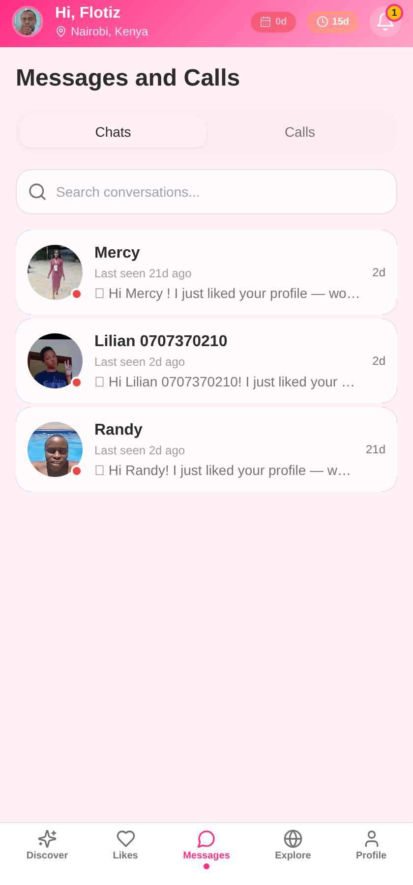 LoveMe Messages and Calls screen with real conversations